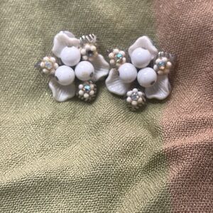 Vintage clip on Elegant White Floral Earrings